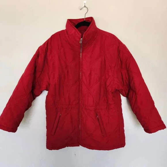 Vintage Talbots Quilted Puffer Jacket Womens Size M Red Nylon Cinchable Bomber - Picture 1 of 11